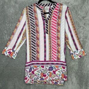 Parsley & Sage Large Shirt Top Pink Striped Floral 3/4 Sleeve Henley V Neck Knit